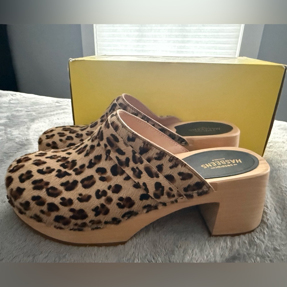 Swedish Hasbeens Brand Dagny Healed Clog Leopard Print Sz 40 (Runs Sml!) - NEW